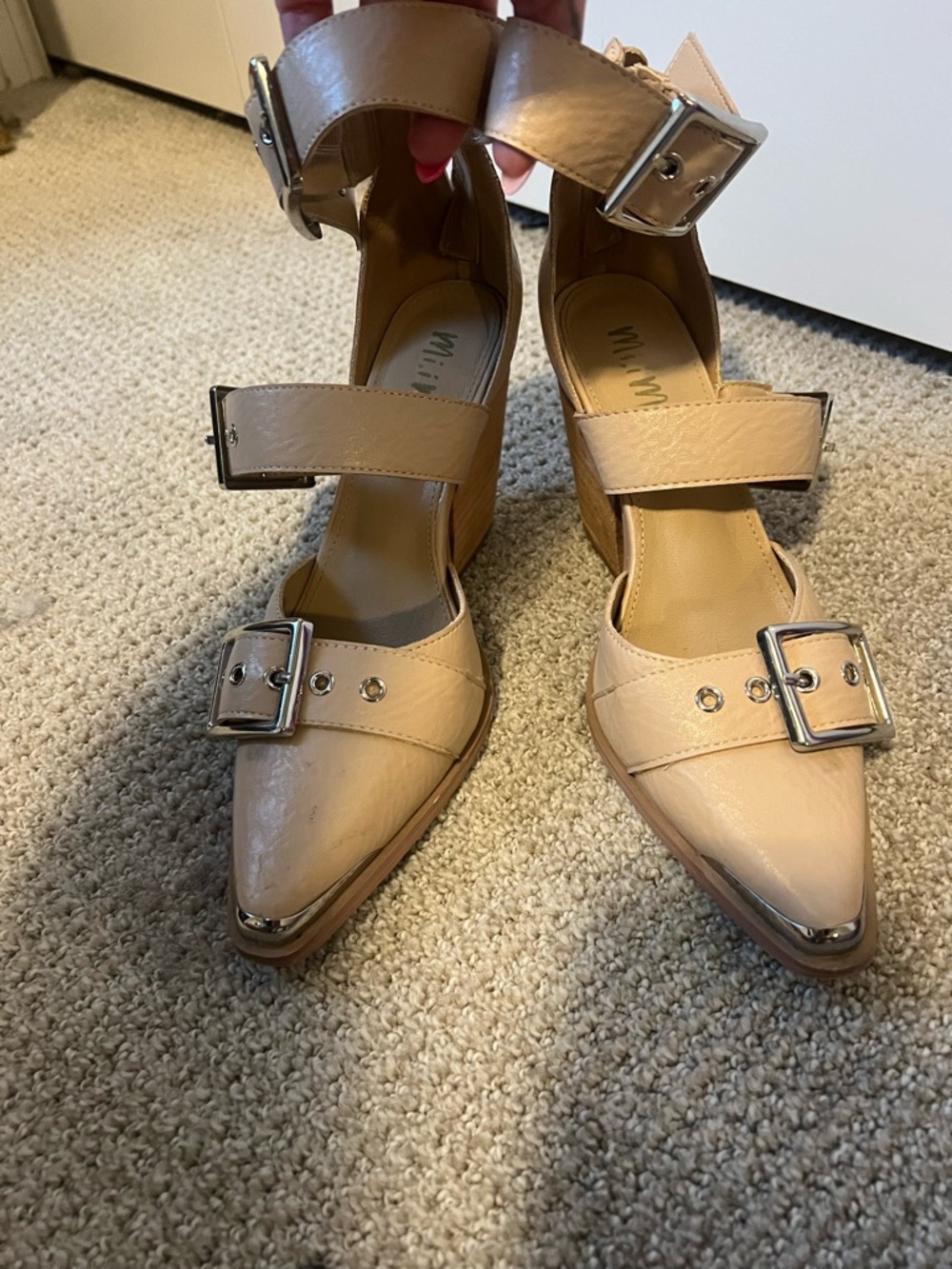 Nude Pointed Toe Buckle Strap Heels